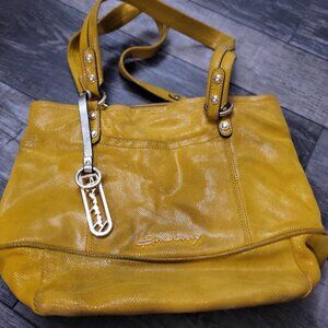 B. Makowsky Reptile Embosed Yellow Leather Tote Satchel Shoulder Bag